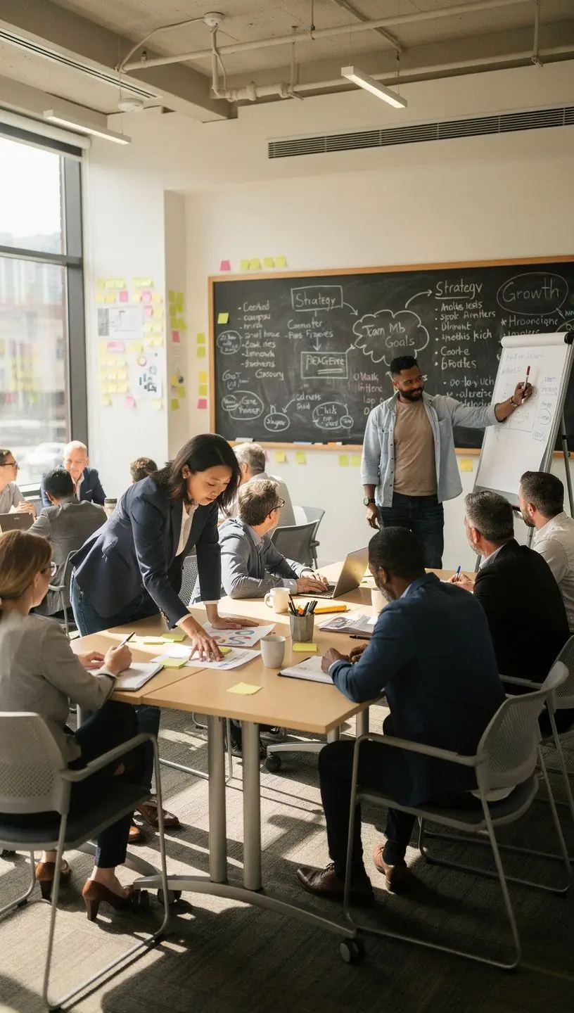 Просторная зона ожидания с зелеными растениями и журнальными столиками.