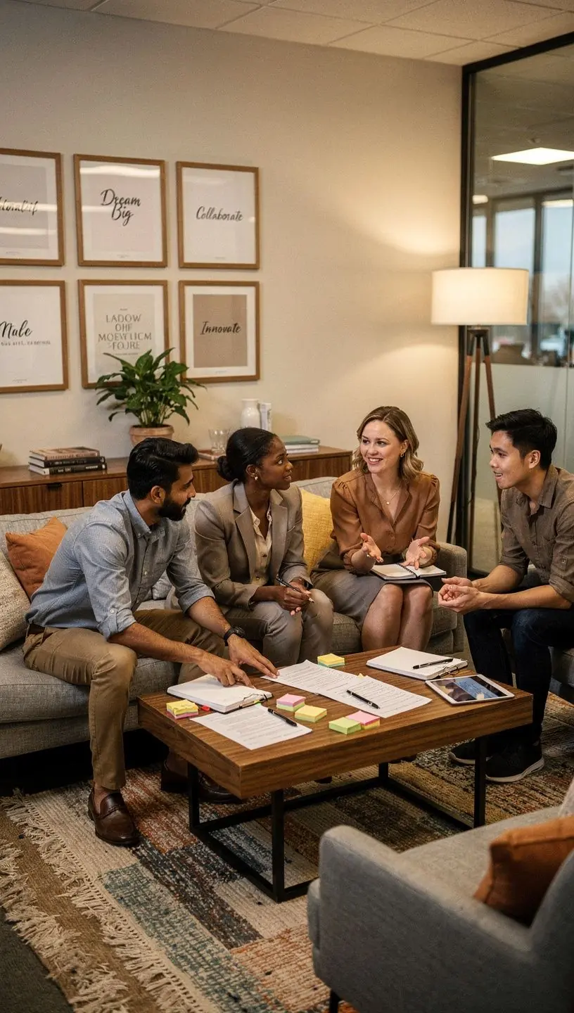 Комната для переговоров с большим столом и комфортными стульями.