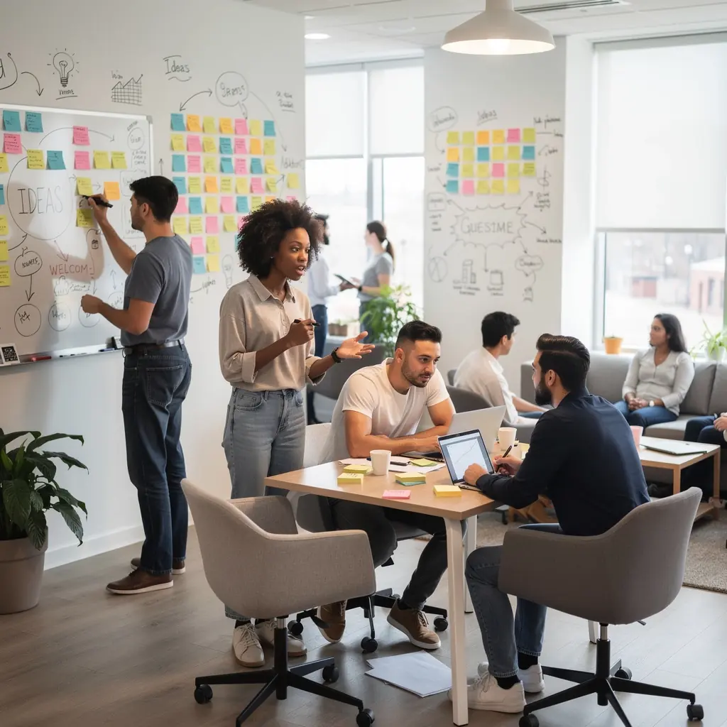 Элегантный дизайн переговорной с акустическими панелями и экраном для презентаций.